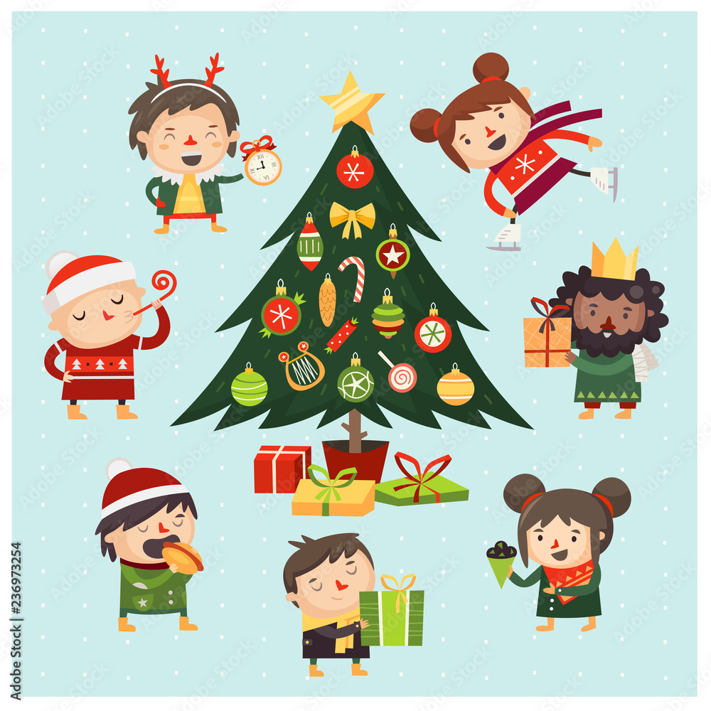 Cartoon children and adults gathered around Christmas tree decorated with various toys. Cartoon vector illustration.