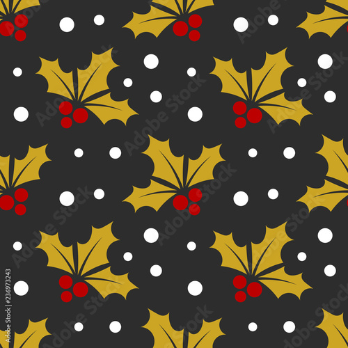 Christmas gold holly berry seamless winter pattern