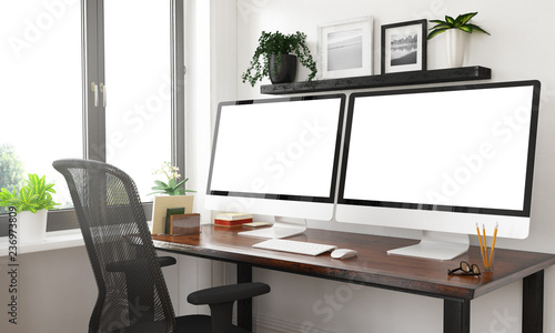 black and white desktop with two blank screens