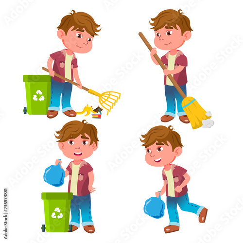 Boy Kindergarten Kid Poses Set Vector. Emotional Character. Helping On The Garden. Cleaning. Garbage Collection  Recycling. For Presentation  Invitation  Card Design. Isolated Cartoon Illustration