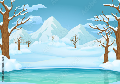 Winter day background. Frozen lake or river with snow covered leafless trees and bushes. Snowy mountains and meadows in the background.