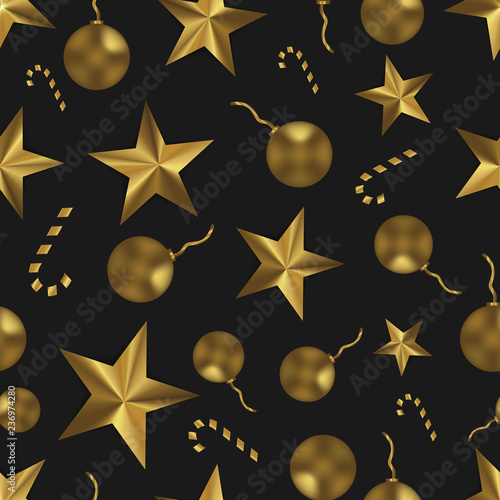 Christmas seamless pattern with golden toys, stars and candy. Festive black and gold background.