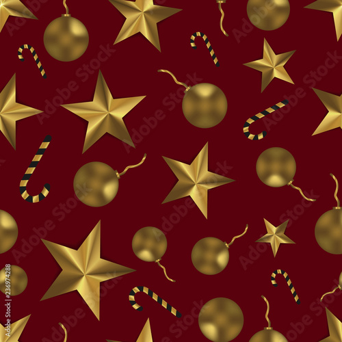 Christmas seamless pattern with golden toys, stars and candy. Festive burgundy and gold background.