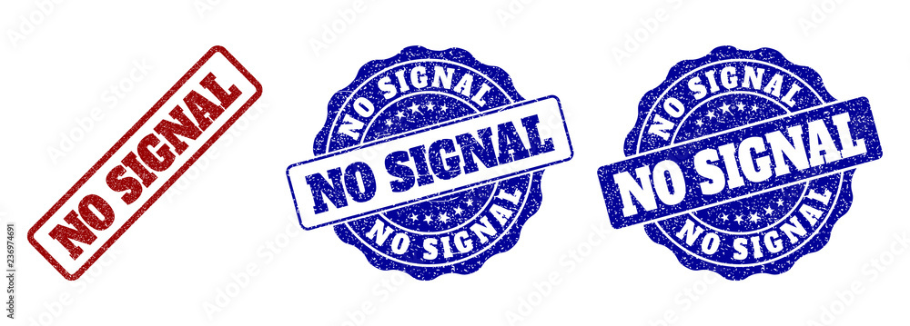 NO SIGNAL grunge stamp seals in red and blue colors. Vector NO SIGNAL watermarks with grunge surface. Graphic elements are rounded rectangles, rosettes, circles and text titles. NO SIGNAL grunge stamp seals in red and blue colors. Vector NO SIGNAL watermarks with grunge surface. Graphic elements are rounded rectangles, rosettes, circles and text titles.