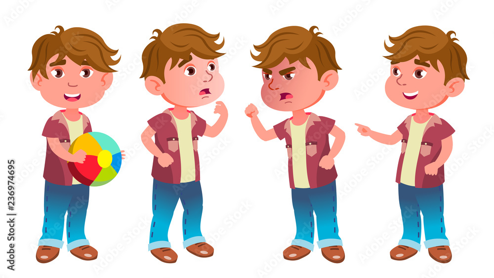 Boy Kindergarten Kid Poses Set Vector. Little Child. Having Fun. For Advertisement, Greeting, Announcement Design. Isolated Cartoon Illustration Boy Kindergarten Kid Poses Set Vector. Little Child. Having Fun. For Advertisement, Greeting, Announcement Design. Isolated Cartoon Illustration