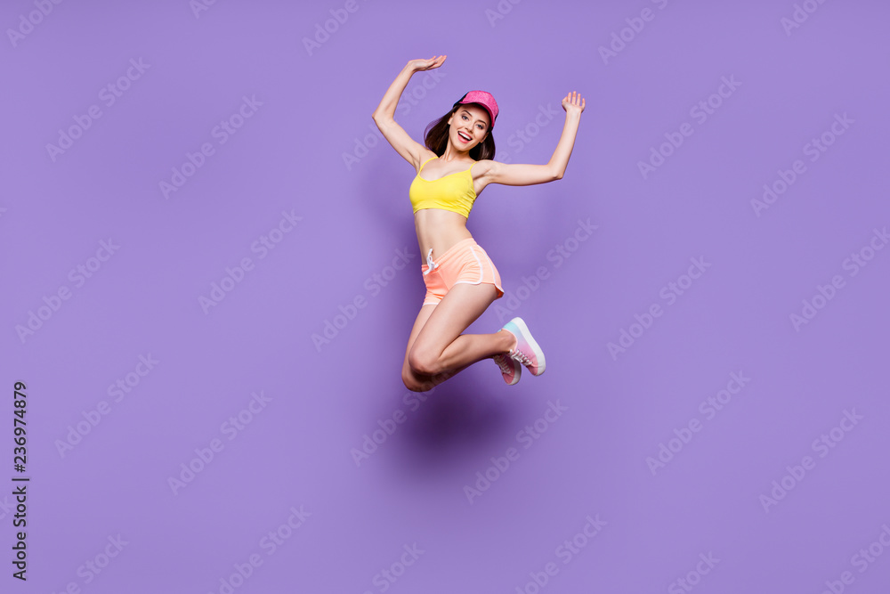 Fototapeta premium Full body size profile side view attractive positive dreamy lady