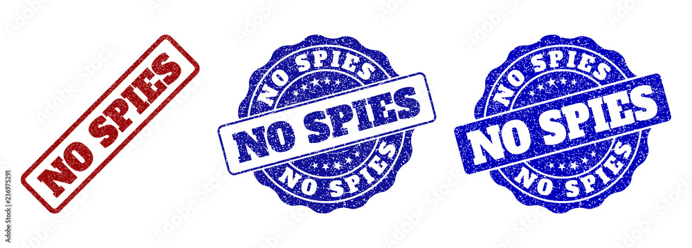 NO SPIES scratched stamp seals in red and blue colors. Vector NO SPIES labels with grunge style. Graphic elements are rounded rectangles, rosettes, circles and text labels.
