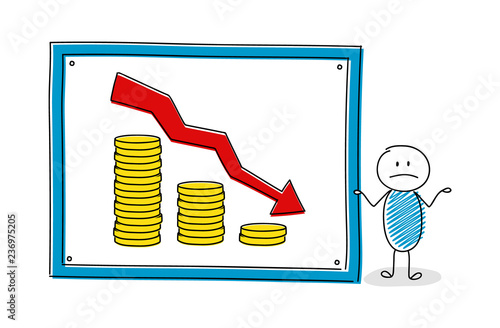 Funny cartoon character with whiteboard and golden coin stacks. Vector.