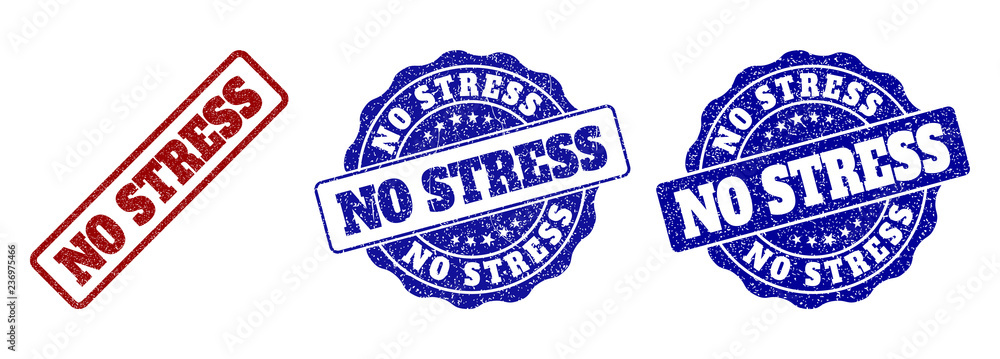 NO STRESS grunge stamp seals in red and blue colors. Vector NO STRESS labels with scratced surface. Graphic elements are rounded rectangles, rosettes, circles and text labels.