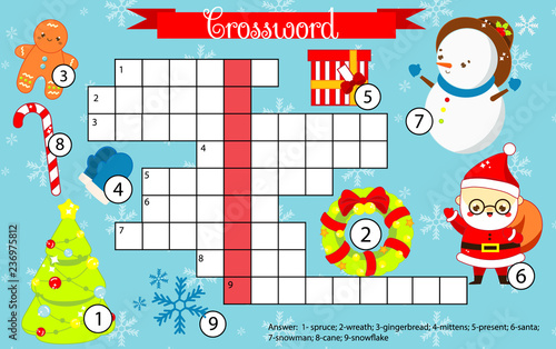 Christmas and New Year crossword for kids. Children eductaional game. Learning vocabulary for pre school age and toddlers