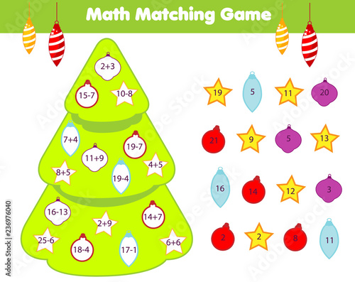 Mathematics children educational game . Match objects with numbers and decorate Christmas tree. Counting activity for kids and toddlers. New Year fun page