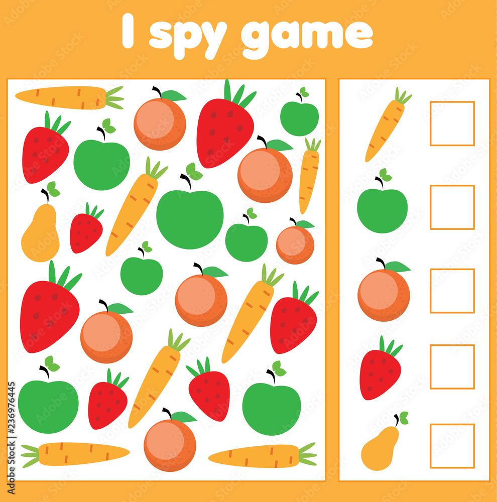 I spy game for toddlers. Find and count vegetables and fruits. Children educational game, study methematics I spy game for toddlers. Find and count vegetables and fruits. Children educational game, study methematics