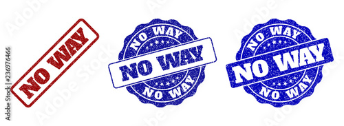 NO WAY scratched stamp seals in red and blue colors. Vector NO WAY labels with grainy effect. Graphic elements are rounded rectangles, rosettes, circles and text labels.