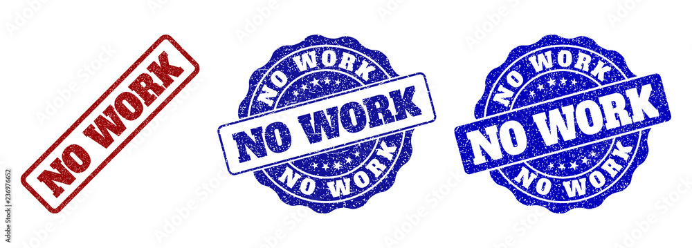 NO WORK grunge stamp seals in red and blue colors. Vector NO WORK marks with dirty style. Graphic elements are rounded rectangles, rosettes, circles and text captions. NO WORK grunge stamp seals in red and blue colors. Vector NO WORK marks with dirty style. Graphic elements are rounded rectangles, rosettes, circles and text captions.