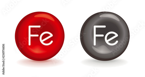 3d icon of Fe iron - red erythrocyte symbol or gray metallic mineral with Fe ferrum - vectors