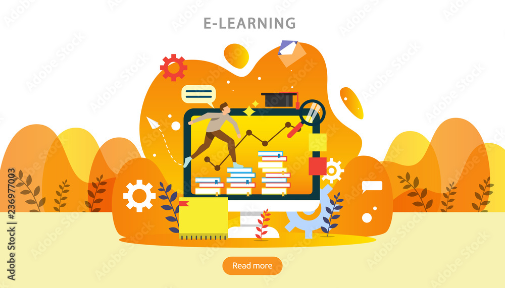 E-learning concept with computer, book and tiny people character in study process. E-book or online education. template for web landing page, banner, presentation, social media and print material. E-learning concept with computer, book and tiny people character in study process. E-book or online education. template for web landing page, banner, presentation, social media and print material.