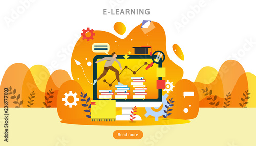 E-learning concept with computer, book and tiny people character in study process. E-book or online education. template for web landing page, banner, presentation, social media and print material.