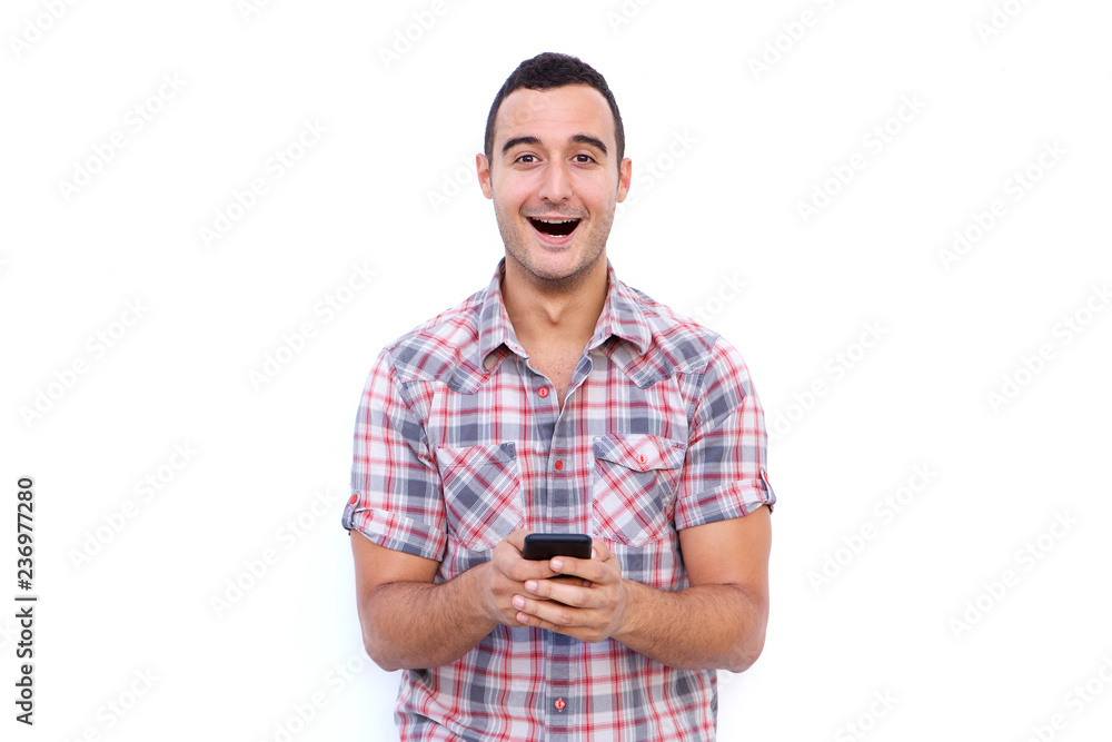 older guy with surprised expression on face white holding mobile phone older guy with surprised expression on face white holding mobile phone