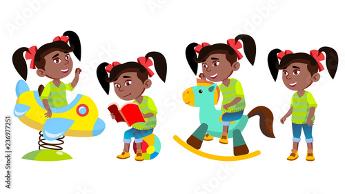 Girl Kindergarten Kid Poses Set Vector. Black. Afro American. Little Child. Funny Toy. Having Fun On Playground. For Advertising, Placard, Print Design. Isolated Cartoon Illustration