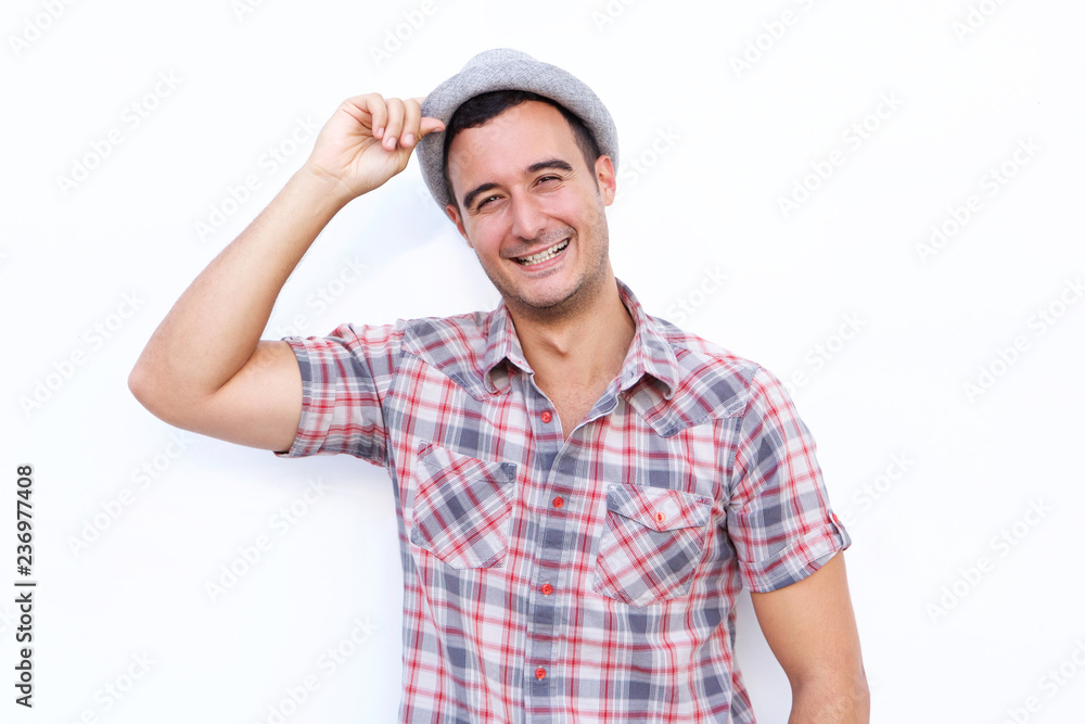 happy man with hat smiling against isolated white background happy man with hat smiling against isolated white background