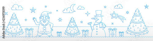 Bannière de Noël - Père Noël, sapin et bonhomme de neige