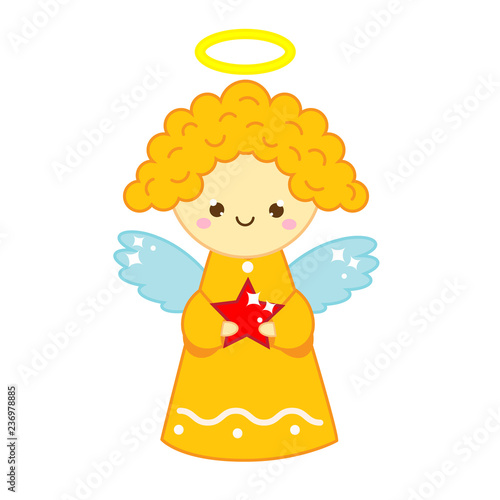 Cute Christmas angel. Sticker, icon in kawaii style.