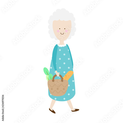 Elderly woman. Happy old lady. cartoon senior female. Grandmother retired walking with shopping bag