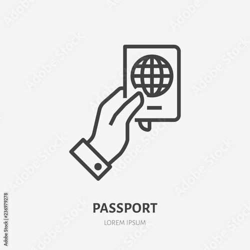 Hand holding passport flat line icon. Identification sign. Thin linear logo for financial services, document control, travel vector illustration