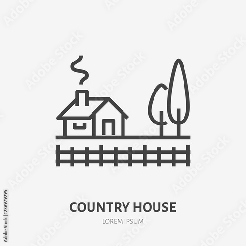 Country house flat line icon. Vector thin sign of summer cottage with trees, suburban property logo. Real estate illustration