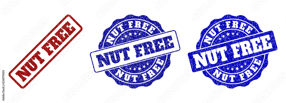 NUT FREE grunge stamp seals in red and blue colors. Vector NUT FREE signs with grunge texture. Graphic elements are rounded rectangles, rosettes, circles and text labels. NUT FREE grunge stamp seals in red and blue colors. Vector NUT FREE signs with grunge texture. Graphic elements are rounded rectangles, rosettes, circles and text labels.