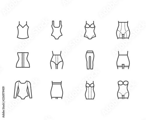 Shapewear flat line icons set. Corrective underwear, shaping bodysuit, thigh slimmer, leggings, waist control panties vector illustration. Clothes store thin sign. Pixel perfect 64x64 Editable Stroke