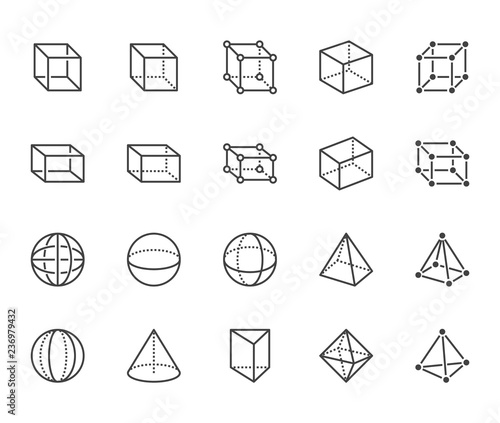 Geometric shapes flat line icons set. Abstract figures cube, sphere, cone, prism vector illustrations. Thin signs for geometry education, prototype development. Pixel perfect 64x64. Editable Strokes