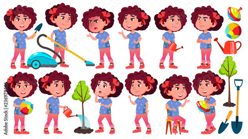 Girl Kindergarten Kid Poses Set Vector. Preschool. Young Person. Cheerful. For Web, Brochure, Poster Design. Isolated Cartoon Illustration