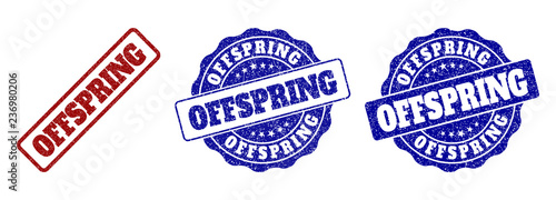 OFFSPRING grunge stamp seals in red and blue colors. Vector OFFSPRING watermarks with grunge surface. Graphic elements are rounded rectangles, rosettes, circles and text captions.