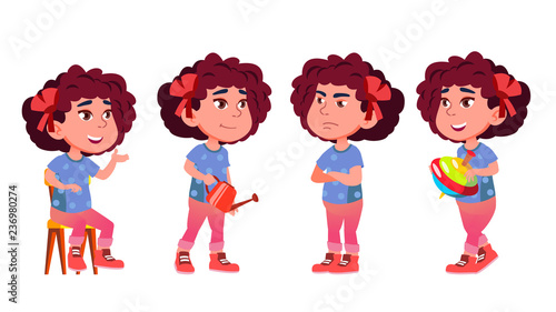 Girl Kindergarten Kid Poses Set Vector. Preschooler Playing. Friendship. For Web, Poster, Booklet Design. Isolated Cartoon Illustration