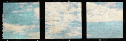 Triple vintage film strip frame with blue sky and clouds.