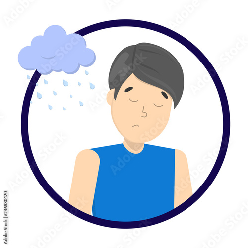 Sad depressed man with rainy cloud above