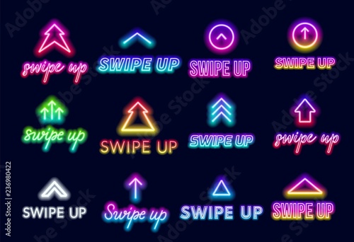 Neon sign swipe up. Button for stories in the social network.