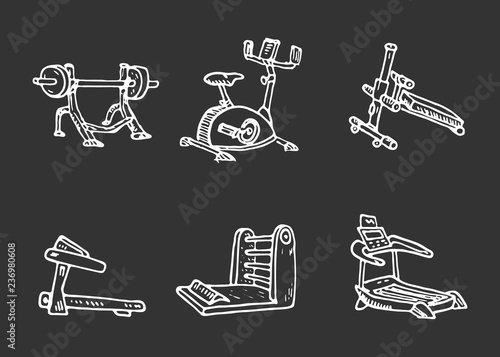 Hand Drawn training apparatus doodles set. Sketch style icons. Decoration element. Isolated on black background. Flat design. Vector illustration