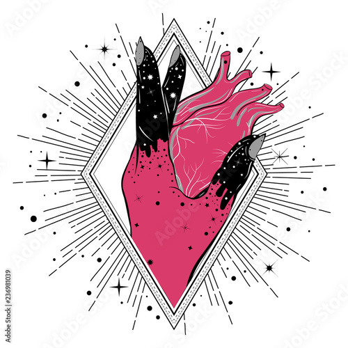 Witch's hand holding a human heart. Alchemy concept. Gothic style illustration.