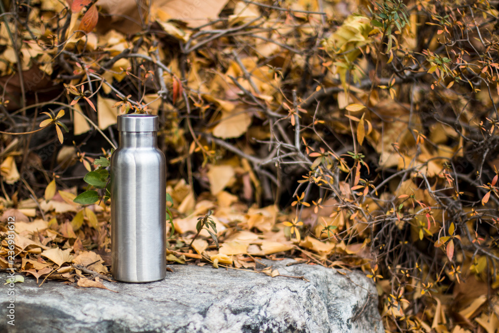 Fototapeta premium Insulated Stainless Bottle on the stone steps in the forest
