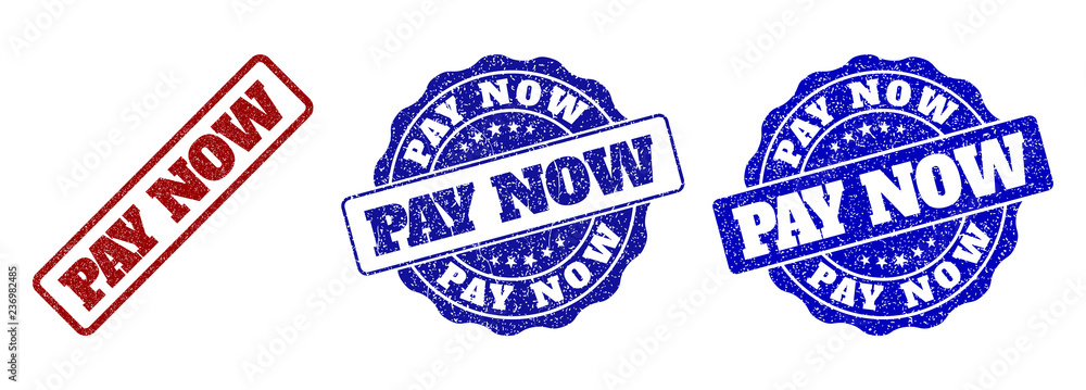 PAY NOW scratched stamp seals in red and blue colors. Vector PAY NOW labels with scratced style. Graphic elements are rounded rectangles, rosettes, circles and text labels.