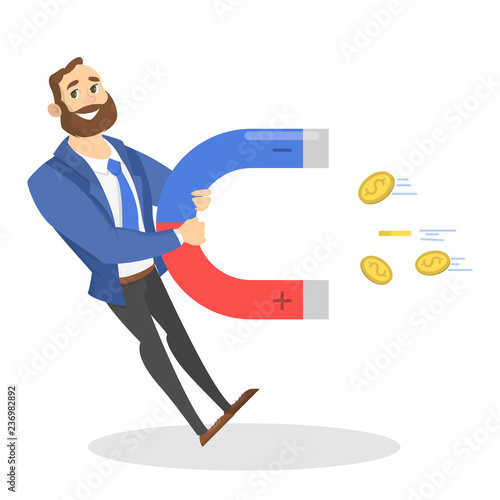 Young businessman with a huge magnet attracting money
