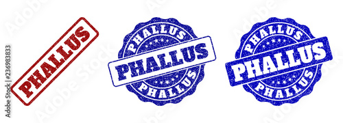 PHALLUS scratched stamp seals in red and blue colors. Vector PHALLUS marks with distress effect. Graphic elements are rounded rectangles, rosettes, circles and text labels.