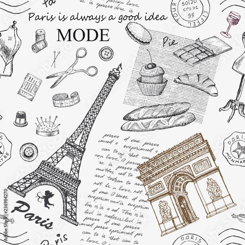 Paris. Vintage seamless pattern with Eiffel Tower, Triumphal Arch