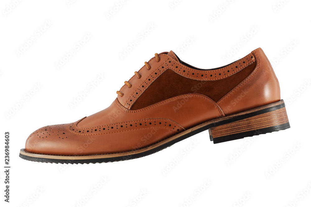 Mens brown shoe side view on a white background