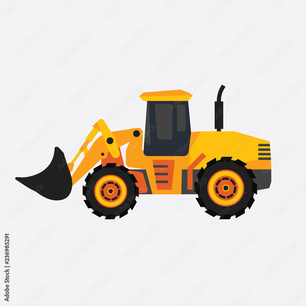 Illustration of a big tractor with a bucket. Heavy special machinery for road works. Illustration of a big tractor with a bucket. Heavy special machinery for road works.