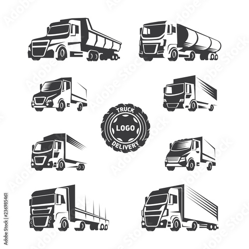 Trucks logo. Vector illustration of trucks in the same color style. Illustration for logos of cargo and shipping.