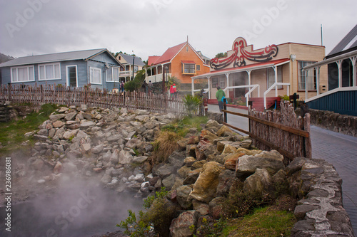 Rotorua maori village with typical hot spring pool in New Zealand