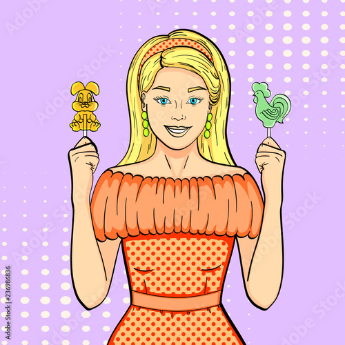 Pop art background, imitation of comics. The girl is holding lollipops, sweets and candies. Shape of cock and hare. Vector